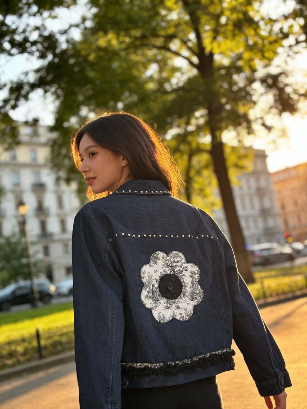 Josephine Chaus Boho Denim Jacket with Toile Floral Patches and Fringe Trim, Siz